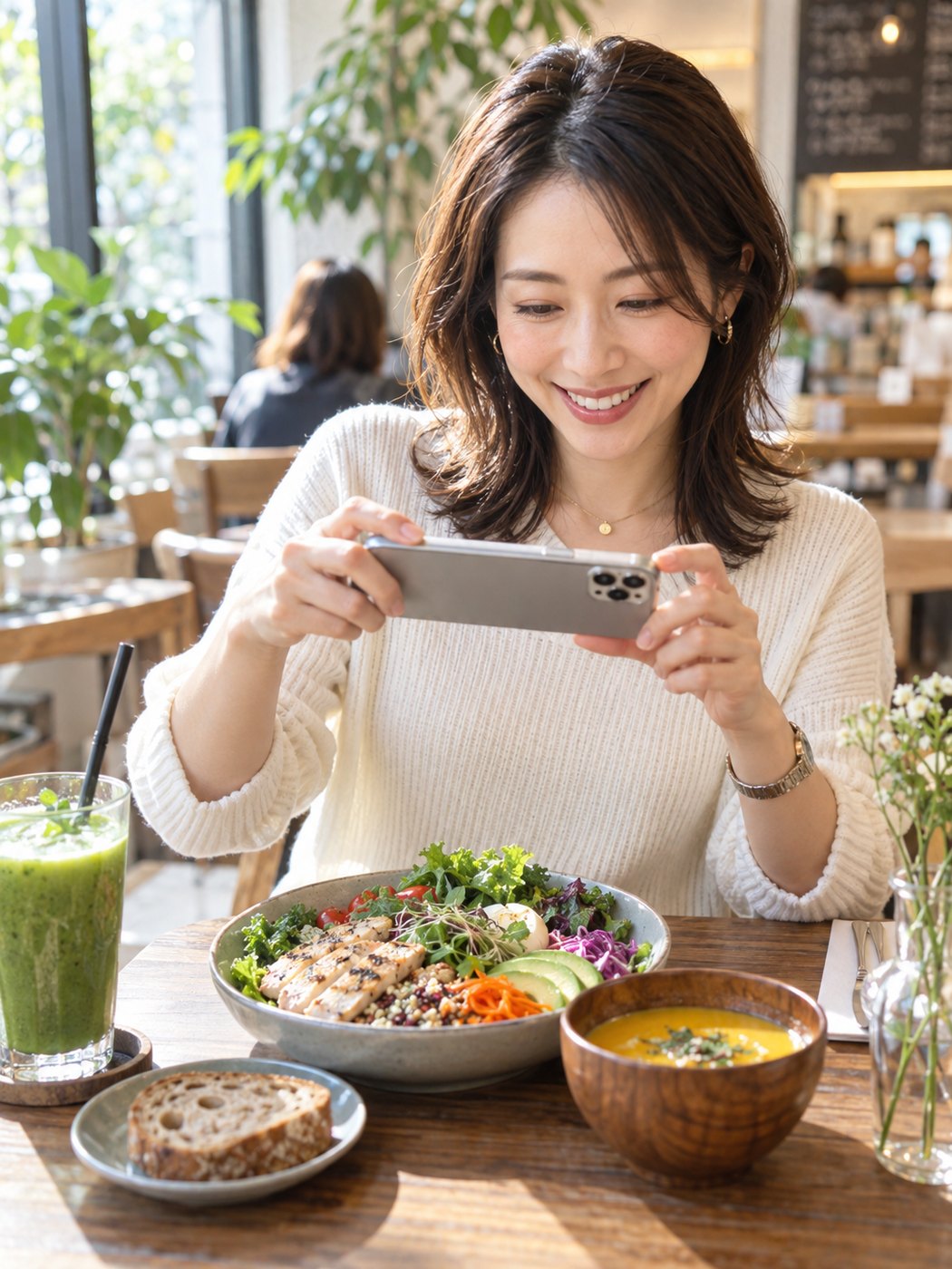 食事の写真をアプリで記録する女性（イメージ）